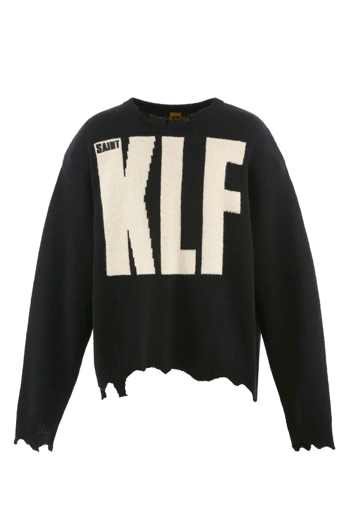 SAINT Mxxxxxx × The KLF KLF_CREW NECK KNIT/BLK KLF joint deconstructed wool sweater, black S-XL, original heel, made of 100% pure wool, natural and warm, wool fabric, dry cleaning or gentle hand washing recommended, completely correct version, customized KLF joint main mark/wash mark, imported special machine embroidery, full three-dimensional, pure hand destruction, deconstructed and shredded